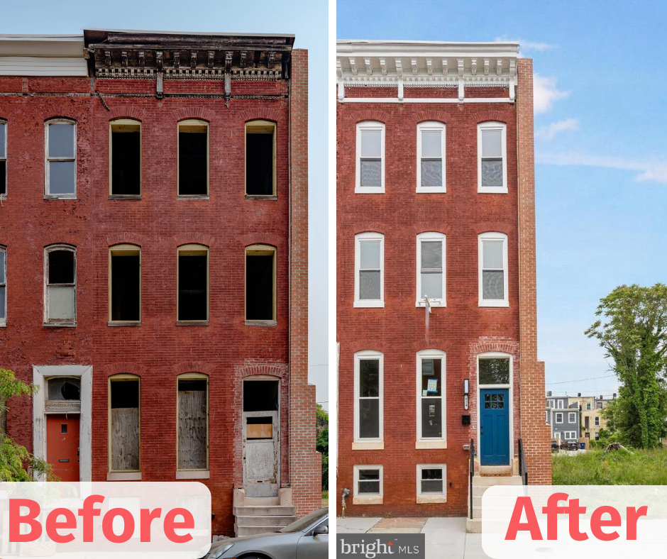 824 Edmondson Avenue before and after renovation. Before: Hollowed out vacant building with dirty cornice and no windows. After: Restored Baltimore row home with windows, fresh white paint on cornices and windowsills, a blue door.