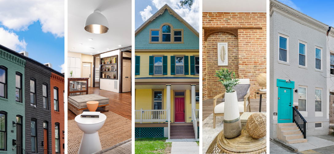 Side by side images of different One House At A Time Renovations. First image: a block of colorful rowhouses. Second image: interior of a home with a lot of wood features. Third image: a yellow, green, and red house. Forth image: interior of a rowhouse with a brick accent wall. Fifth image: a gray rowhouse with a teal door.