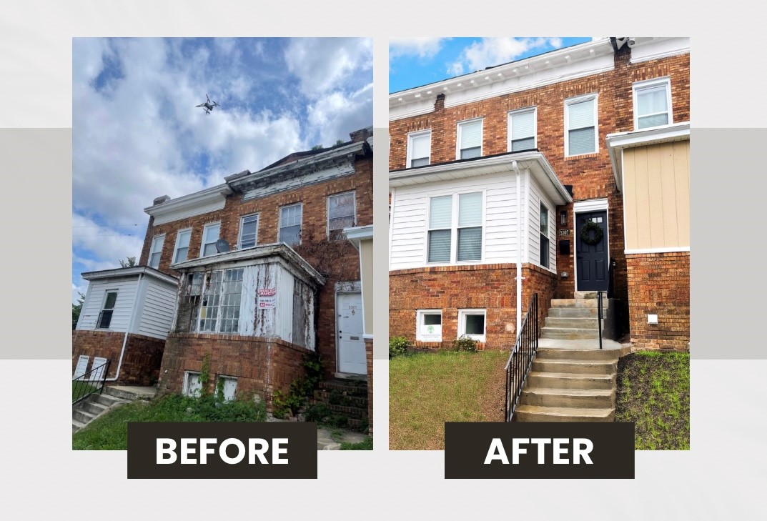 2307 Belair Road exterior before and after renovation