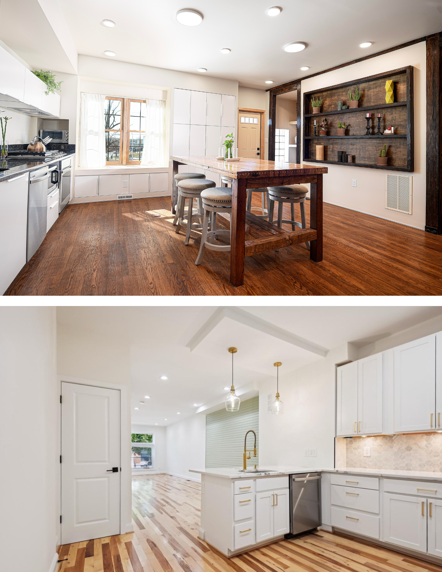3502 Woodbrook Avenue kitchen with island made from bowling alley floorboards and 25 S. Potomac Street with green accent wall and white kitchen