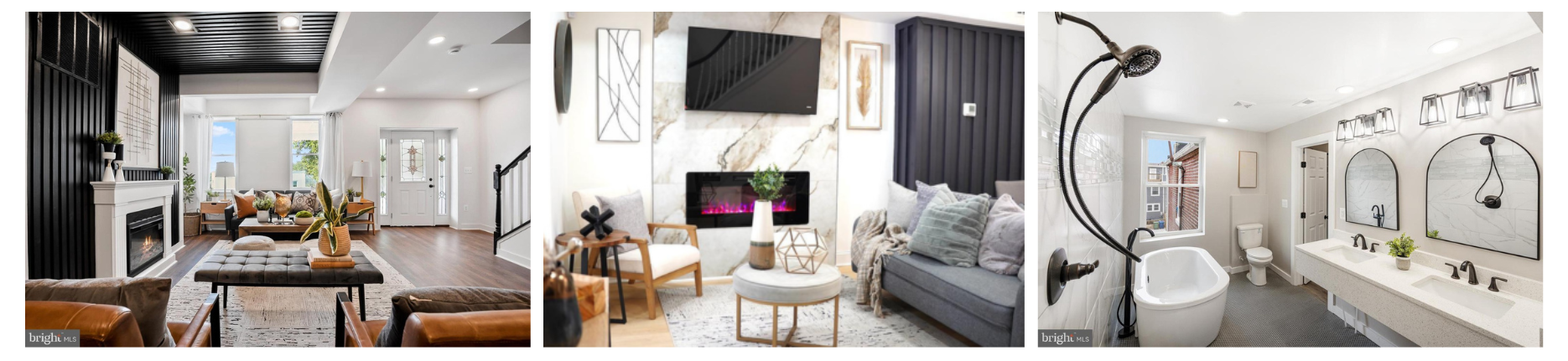 3206 Piedmont Avenue with feature wall going up to the ceiling. 2307 Belair Road living room with feature wall and electric fireplace. 824 Edmondson Avenue wet bathroom.